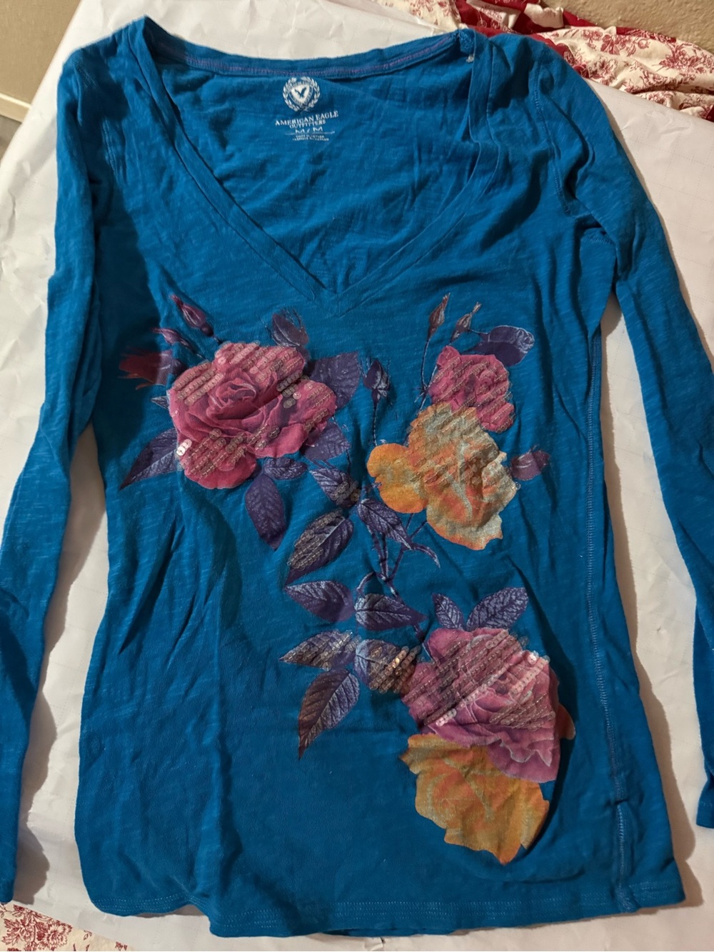 American Eagle Outfitters Teal Floral V-Neck Long Sleeve Top